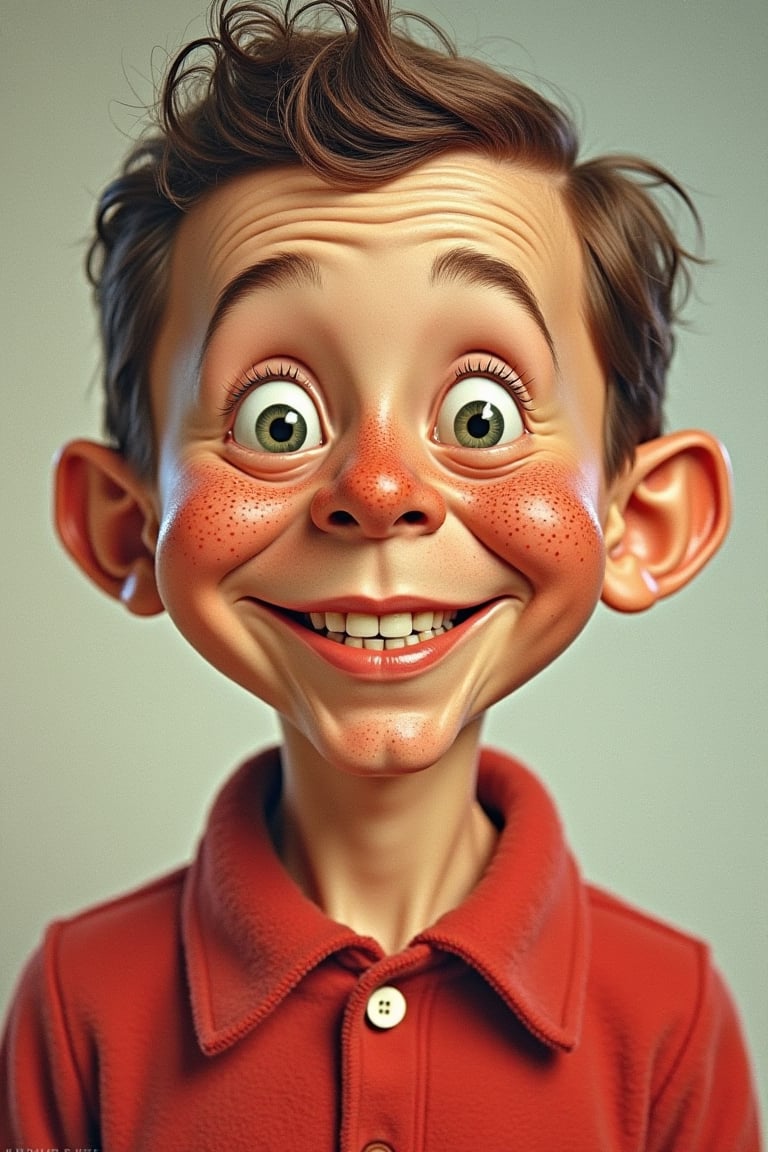 Mad magazine cover, featuring alfred e neuman, a freckled face, typical pose, smile with gap in teeth, doing some weird thing that is plain  stupid