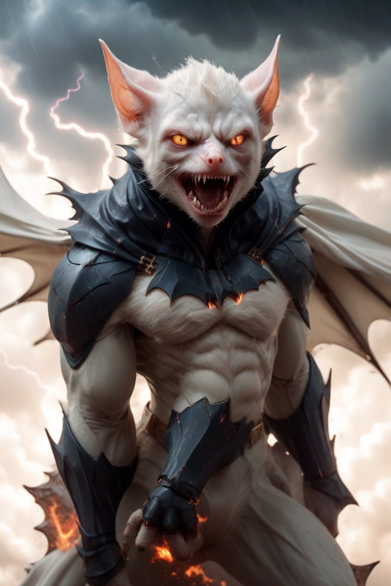 In a majestic, HD, 8K composition, a clse up mid shot, a stunning albino bat assumes a dramatic pose. Framed against fiery clouds, lightening, and a turbulent sky,the creature's gaze meets the viewer's, its eyes gleaming with intensity. Wings outstretched, it appears to scan the horizon for wind currents. The illustration exudes a sense of heroic fantasy, reminiscent of Dungeons and Dragons, as if this majestic bat is about to embark on an epic adventure, wispy storm clouds, lightening, foggy turbulent sky,action shot