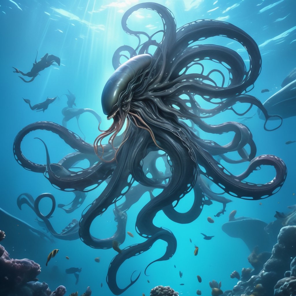 an alien xenomorph launches itself at a nearby victim,  a giant octopus,  motion blur by Ravishastri on Tensor.Art