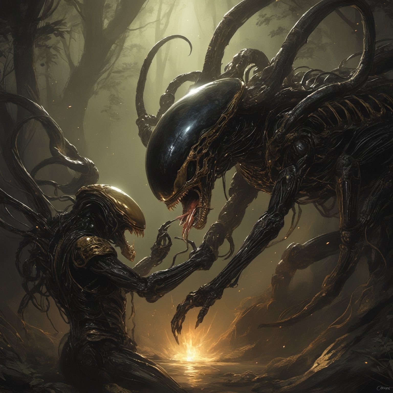 an alien xenomorph Facehugger launches itself at a nearby victim,  black shiny carapace,  with see through to skull by Rav...