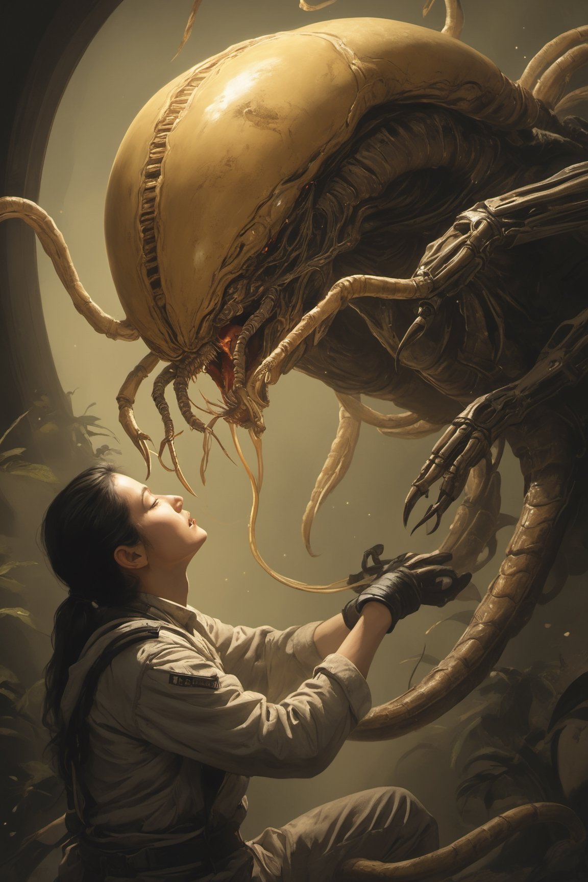 a xenomorph Facehugger launches itself at a nearby victim by Ravishastri on Tensor.Art