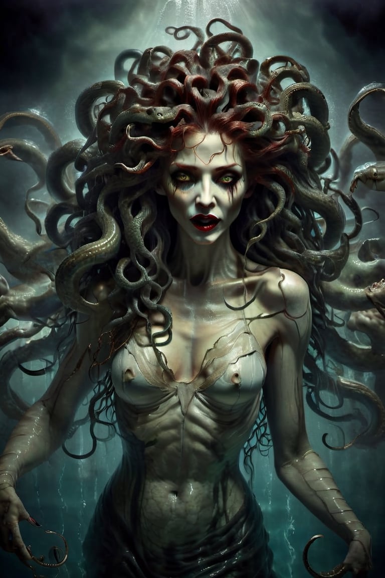 Create a captivating and realistic digital artwork of Medusa, the mythological Gorgon, with her iconic snake hair. Craft a scene that portrays her in all her terrifying beauty, and bring out the intricate details of her serpentine locks. Use your artistic talent to capture the essence of this mythical character, making her come to life on the canvas. Let your imagination and creativity run wild in depicting Medusa and her mesmerizing, venomous hair in a way that evokes both fear and fascination, she is standing in a pool of water, the water ripples arounf her, she wears a loose white top, red lips, a wry smile on her face, she is terrifying,