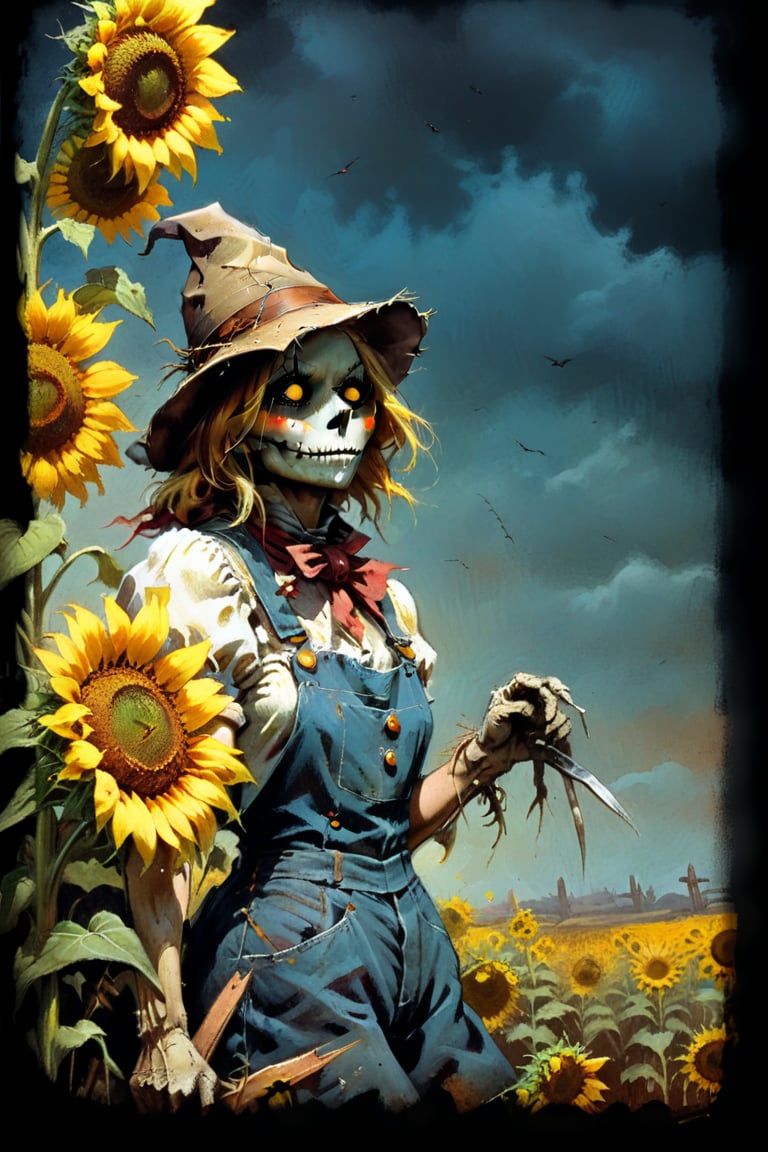  solo focus, hd, 8k, vintage illustration, A vintage-inspired scarecrow standing proudly in a sunflower field, with a worn-out hat and a rusty pitchfork. , masterpiece, award winning illustration by Frank Frazetta, a sexy female scarecrow, DarkFantasy, dark atmosphere, advntr,fr4z3tt4