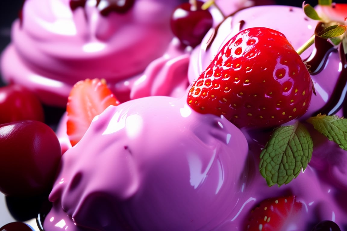 an extreme close up, macro photograph of strawberry ice cream with cherry cream, ice cubes, maraschino cherries, blueberries, dark chocolate sauce, nuts, mint leaves, splashing dark chocolate sauce, in a gradient purple background, fluid motion, dynamic movement, cinematic lighting, Mysterious, golden ratio, acrylic palette knife, style of makoto shinkai studio ghibli genshin impact james gilleard greg rutkowski chiho aoshima,digital artwork by Beksinski,action shot,sweetscape, 3D, oversized fruit, honey theme, 