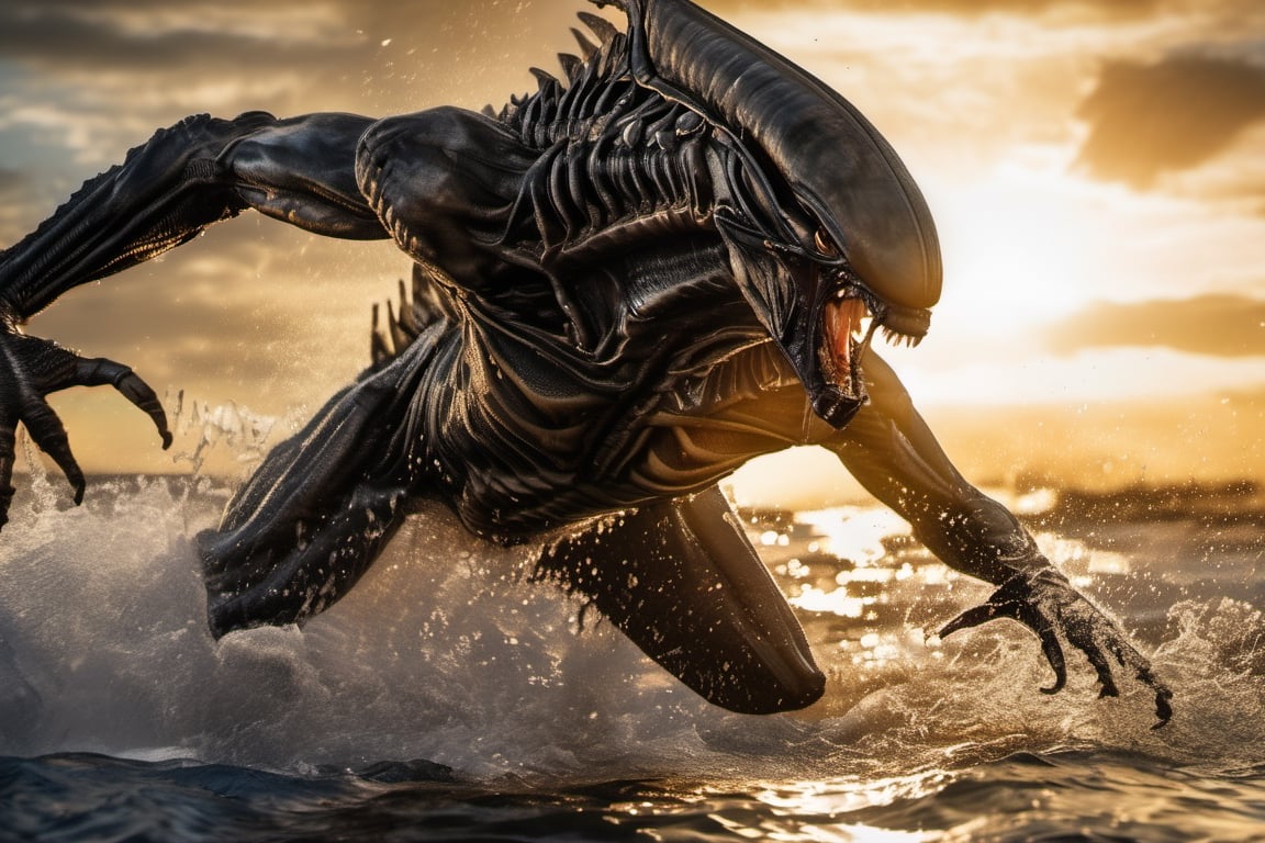 a horde of alien xenomorphs leaping from the water,  attacking swiftly like a crocodile,  water splashing by Ravishastri o...