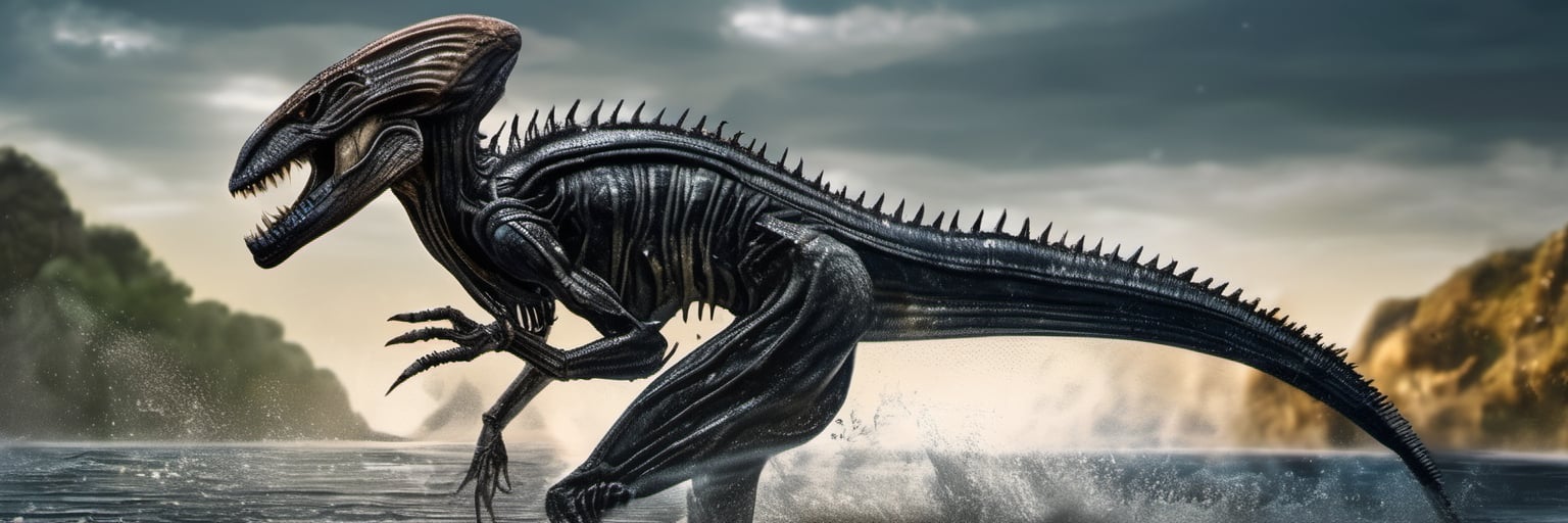 an alien xenomorph leaping from the water,  attacking swiftly like a crocodile,  water splashing by Ravishastri on Tensor.Art