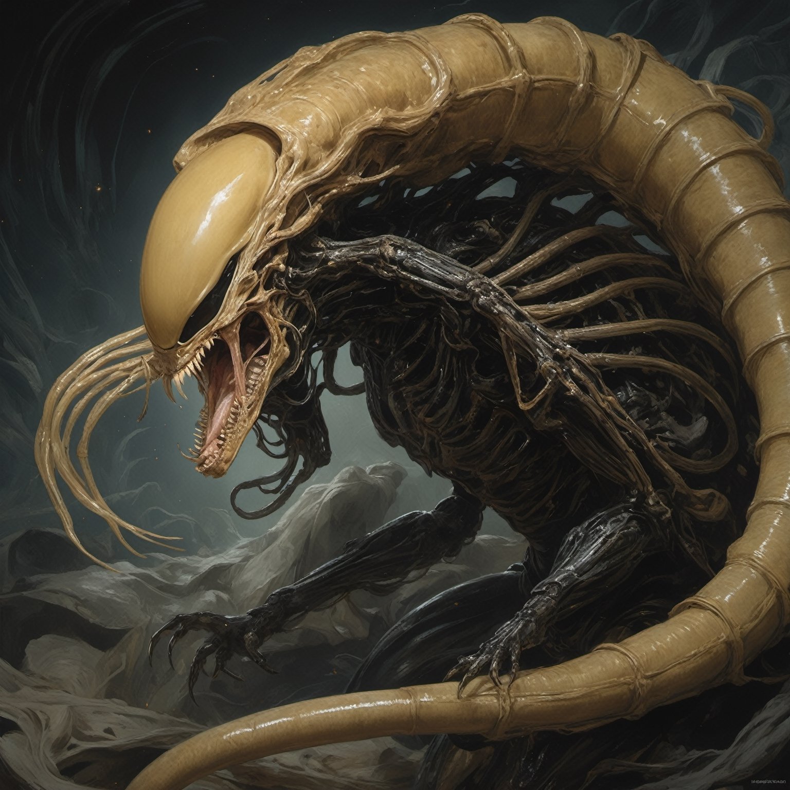 an alien xenomorph Facehugger launches itself at a nearby victim,  black shiny carapace,  with see through to skull by Rav...