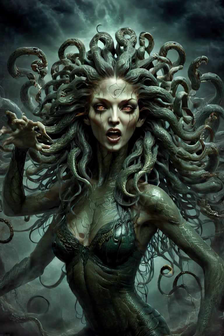 Create a captivating and realistic digital artwork of Medusa, the mythological Gorgon, with her iconic snake hair. Craft a scene that portrays her in all her terrifying beauty, and bring out the intricate details of her serpentine locks. show the terror of snakes as hair by using your artistic talent to capture the essence of this mythical character, making her come to life on the canvas. Let your imagination and creativity run wild in depicting Medusa and her mesmerizing, venomous hair in a way that evokes both fear and fascination,