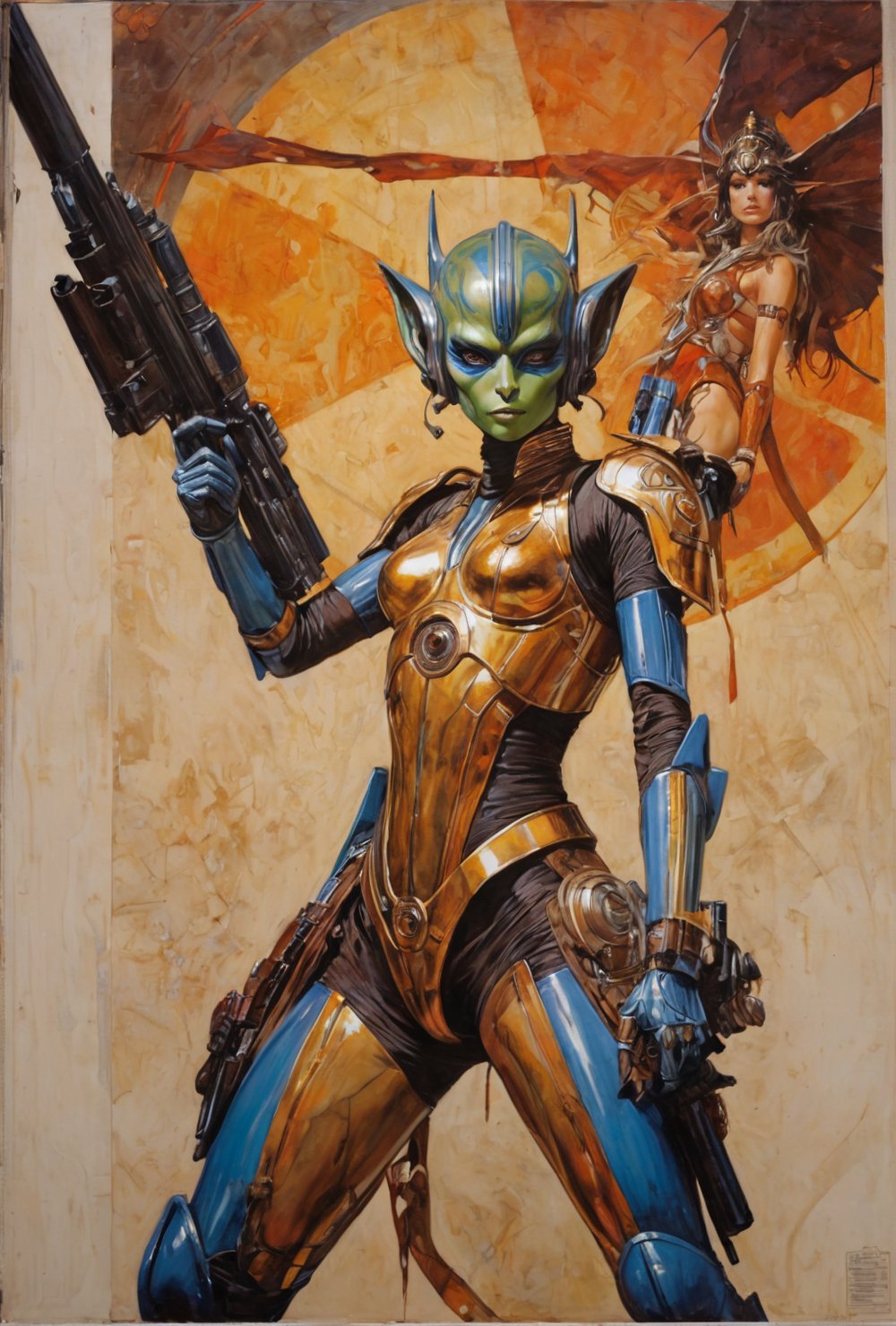 art by Masamune Shirow, art by J.C. Leyendecker, art by simon bisley, art by ralph steadman, a masterpiece, stunning beauty, hyper-realistic oil painting, star wars alien creatures, a portrait picture, incredible detail, fantasy portrait, smooth skin,  kaleidoscope graffiti background,