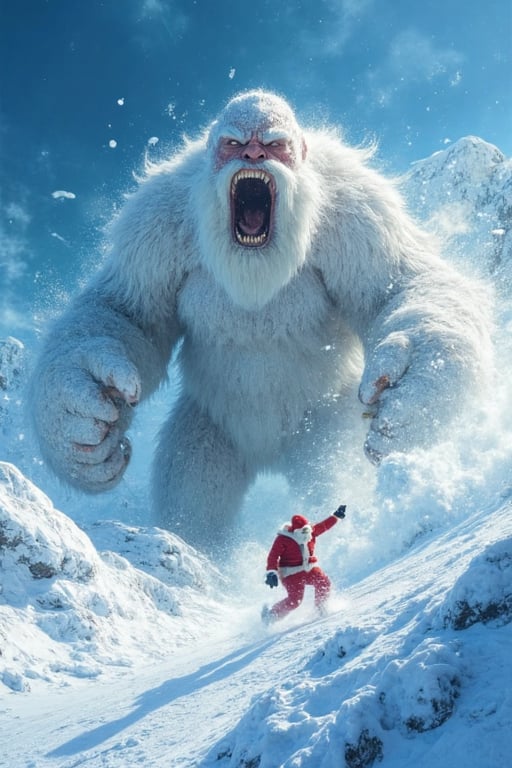 Tracking shot of a panicked santa claus,  fighting a huge snowball monster . In this iconic action scene,  Santa is domina...