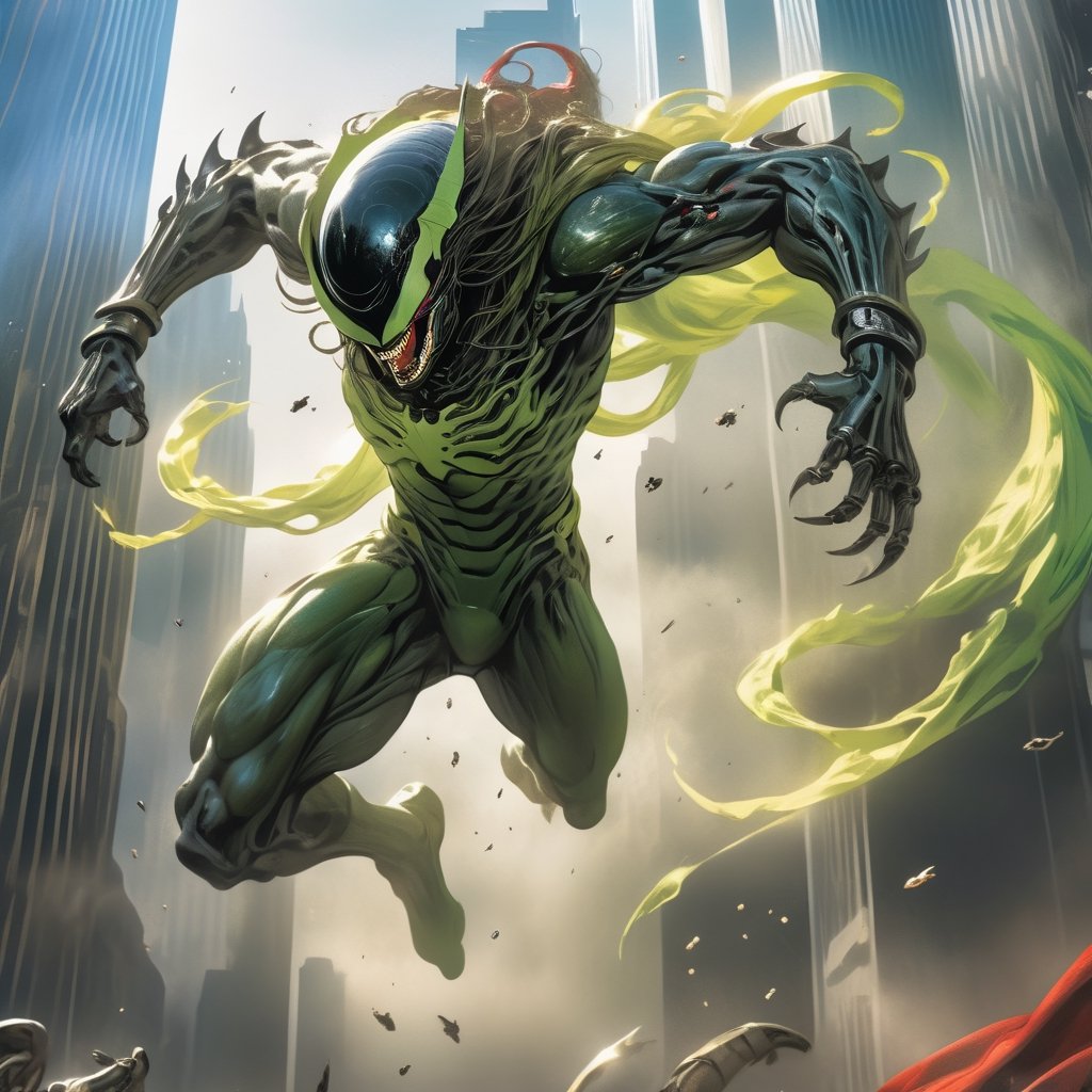 an alien superhero xenomorph launches itself at a nearby victim,  rippling muscles,  green metallic suit by Ravishastri on...
