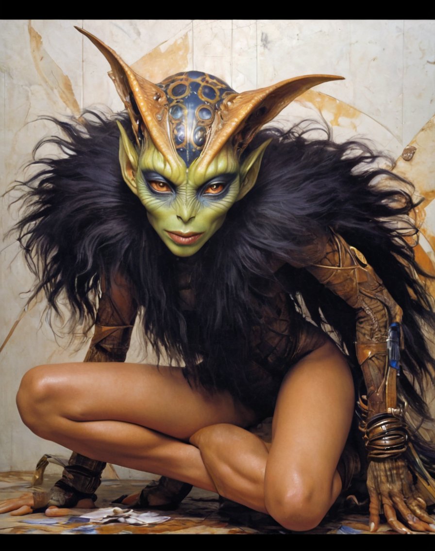 art by Masamune Shirow, art by J.C. Leyendecker, art by simon bisley, art by ralph steadman, a masterpiece, stunning beauty, hyper-realistic oil painting, star wars alien creatures, a portrait picture, incredible detail, fantasy portrait, smooth skin,  kaleidoscope graffiti background, Vogue, artint, frutiger, 