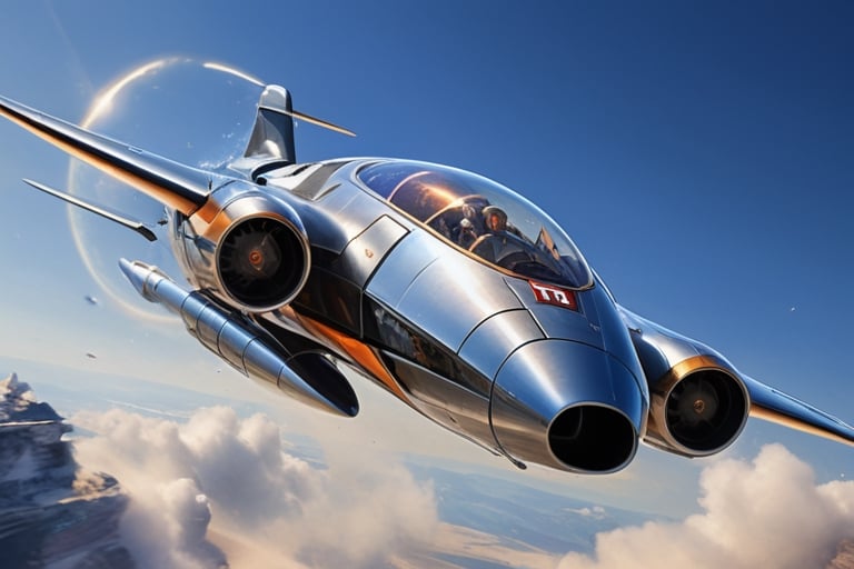 Create a visionary modern flying car that pushes the boundaries of design and technology. The machine is soaring above stu...