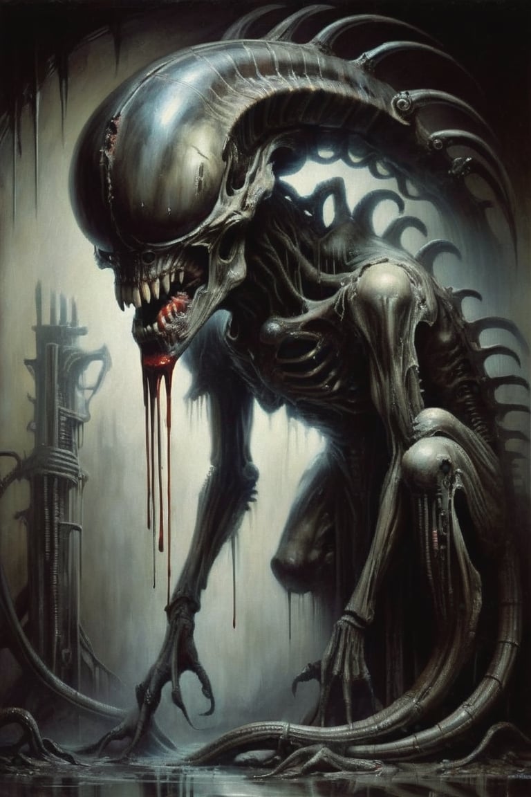 a oil painting portrait, art by steve bisley, art by hr giger, a masterpiece, stunning beauty, hyper-realistic oil painting, a xenomorph, low lighting, intense shadows, dripping blood and sweat, messed up, battling human troopers, a telephoto shot, 1000mm lens, f2,8, ,Matrix code,darkart,zkeleton