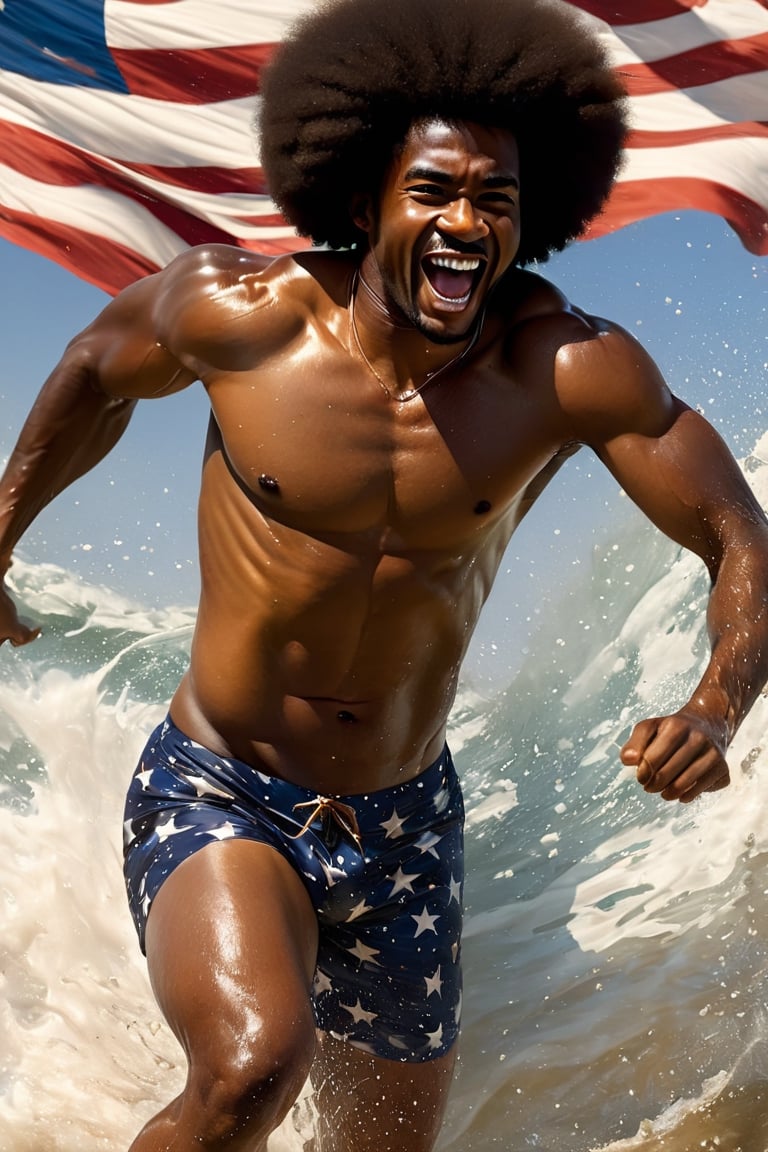 a mid section body shot photograph of a happy African American man, wearing Speedos swimwear, a very large Afro hairstyle, beach seawater running down his body, splashing seawater, very large American flag background, fluid motion, dynamic movement, cinematic lighting, palette knife, brown nipples, digital artwork by Beksinski,action shot,sweetscape, art by Klimt, airbrush art, ,photo r3al,ice and water,close up,Movie Poster