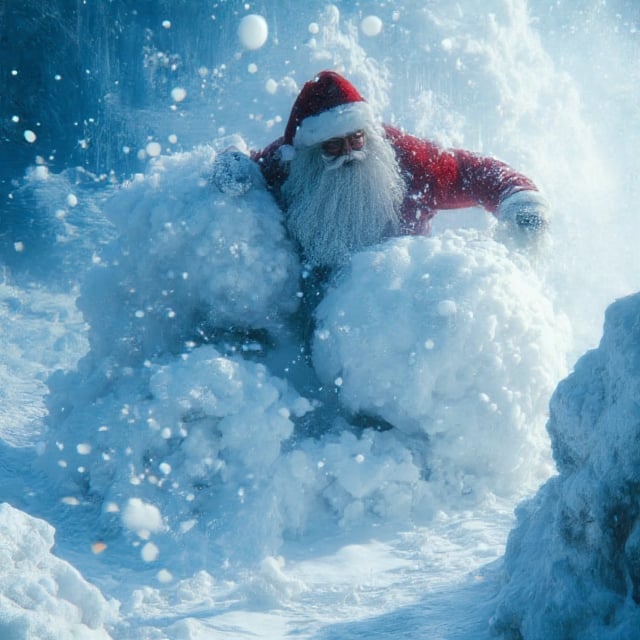 Tracking shot of a panicked santa claus,  fighting a huge snowball monster . In this iconic action scene,  Santa is domina...