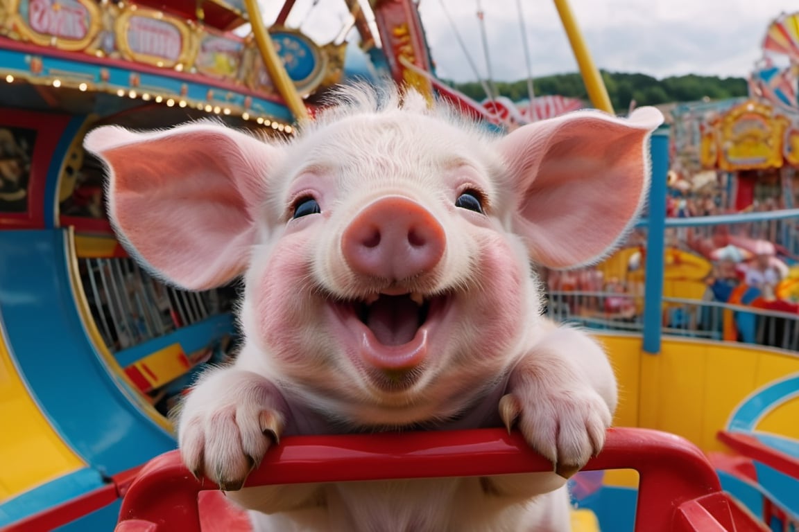 a cute 10 week old piglet,  white,  riding the ferris wheel at the fairground by Ravishastri on Tensor.Art