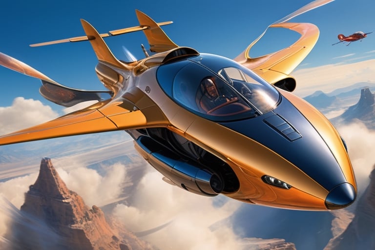 Create a visionary flying car that pushes the boundaries of design and technology. The machine is soaring above stunning l...