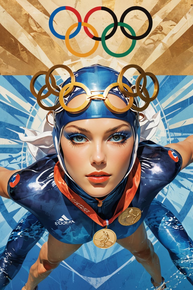 art by Masamune Shirow, art by J.C. Leyendecker, art by simon bisley, art by ralph steadman, a masterpiece, stunning beauty, hyper-realistic movie poster, 8k, olympic male athletes, bronze medal, silver medal, gold medal, olympic rings, swimming, a portrait picture,wearing country of origin uniform,  incredible detail, fantasy portrait, smooth skin,  kaleidoscope graffiti background, artint, frutiger, 