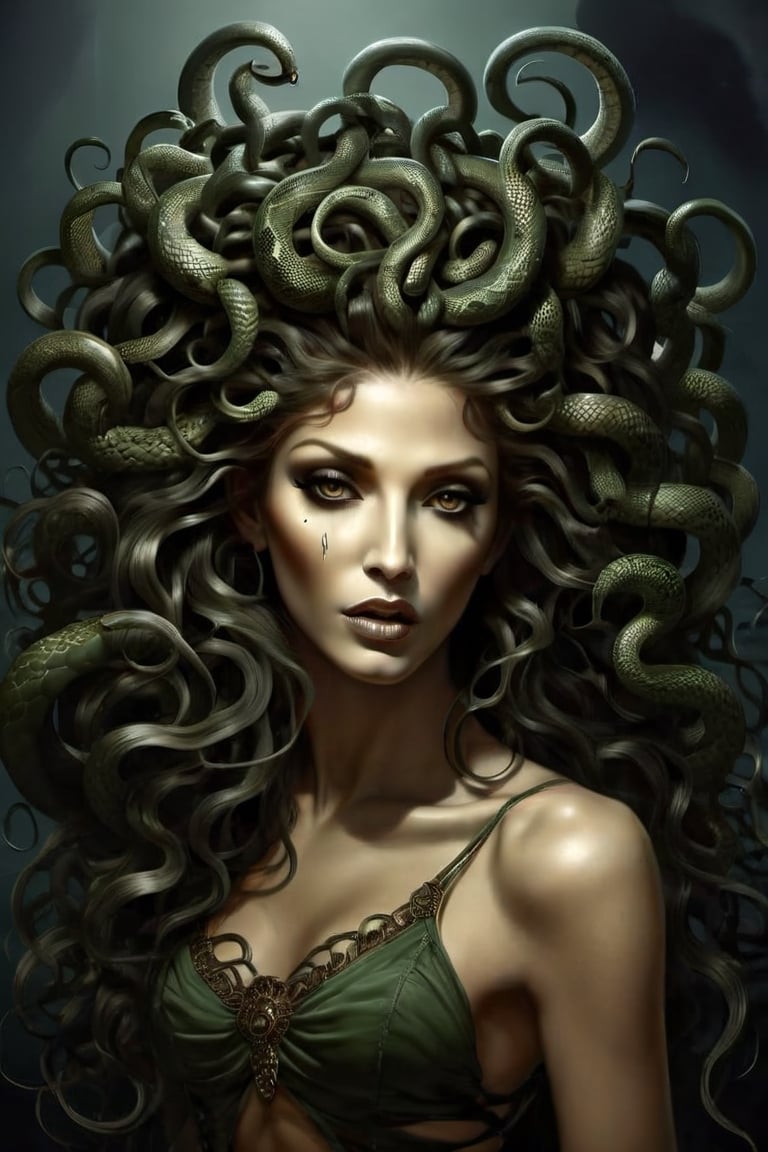 Create a captivating and realistic digital artwork of Medusa, the mythological Gorgon, with her iconic snake hair. Craft a scene that portrays her in all her terrifying beauty, and bring out the intricate details of her serpentine locks. show the terror of snakes as hair by using your artistic talent to capture the essence of this mythical character, making her come to life on the canvas. Let your imagination and creativity run wild in depicting Medusa and her mesmerizing, venomous hair in a way that evokes both fear and fascination,