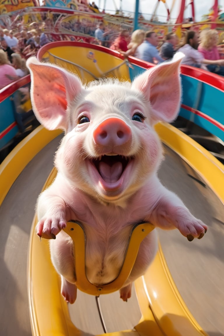 a cute 10 week old piglet,  white,  seated riding in the roller coaster at the fairground by Ravishastri on Tensor.Art