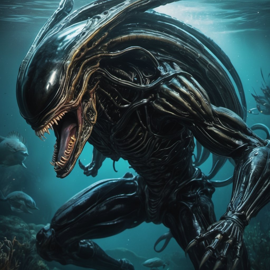 an alien xenomorph launches itself at a nearby victim,  black shiny carapace,  drool by Ravishastri on Tensor.Art