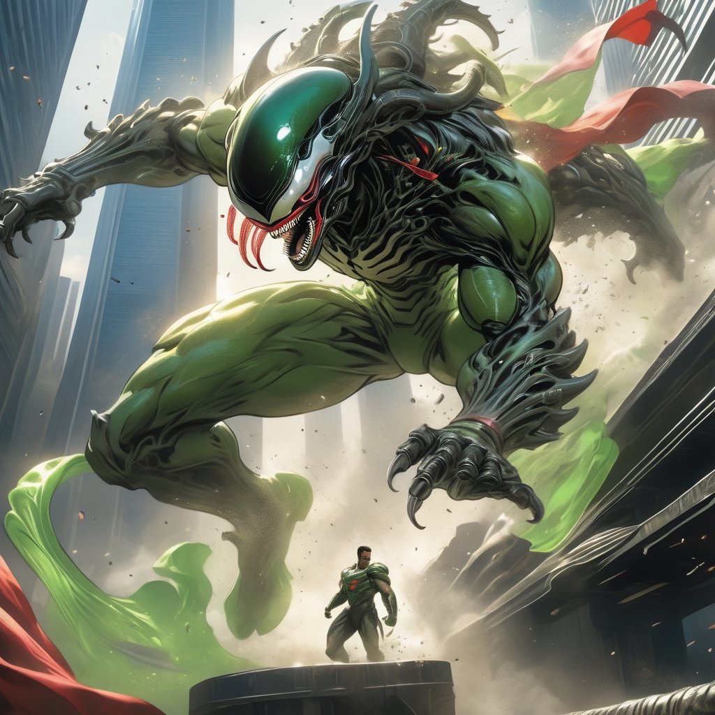 an alien superhero xenomorph launches itself at a nearby victim,  rippling muscles,  green metallic suit by Ravishastri on...