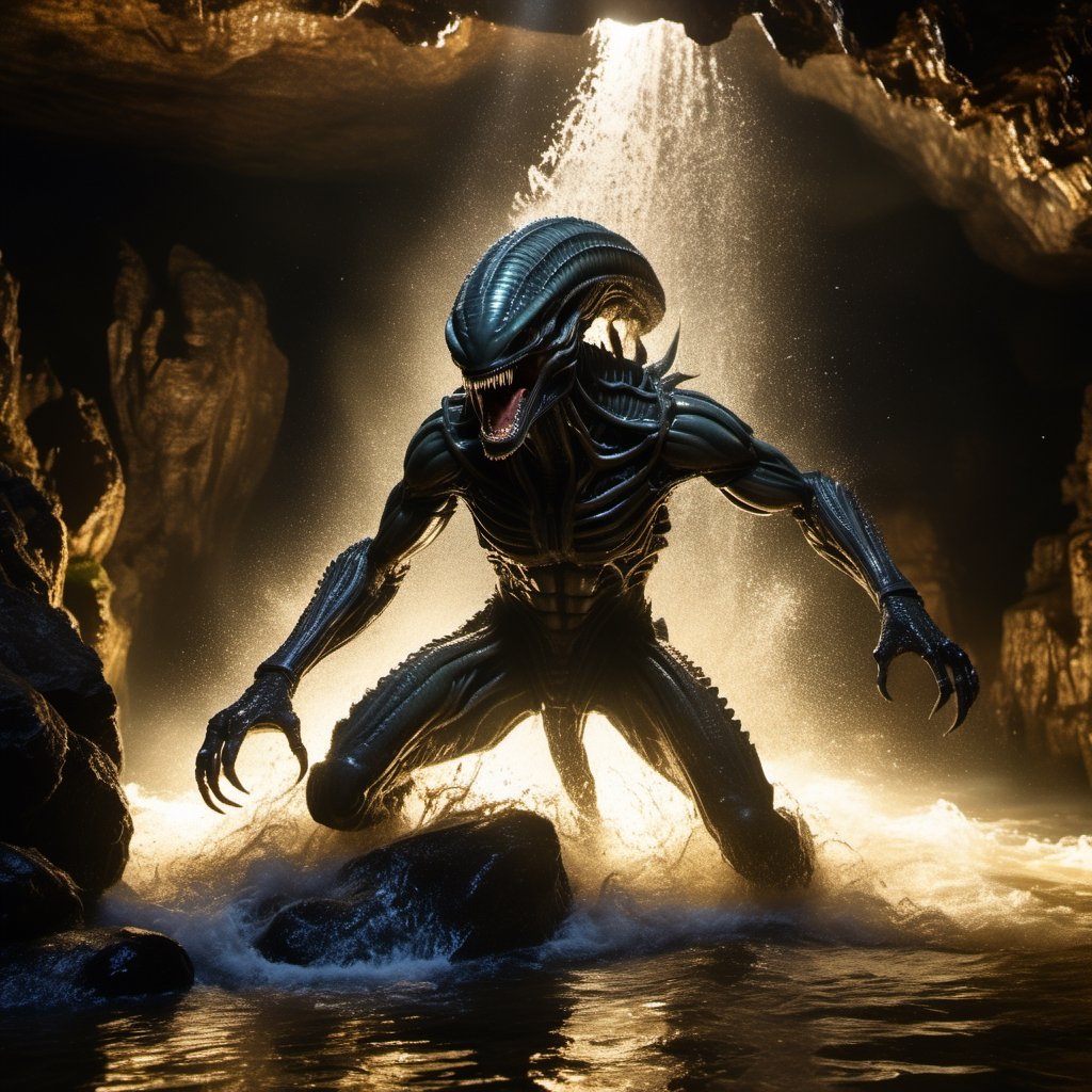 a large alien xenomorph leaping from the water,  attacking swiftly like a crocodile,  on all fours by Ravishastri on Tenso...