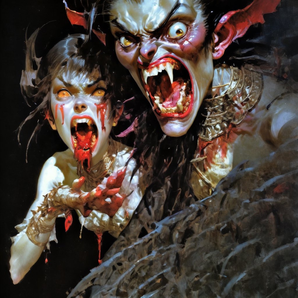 art by Masamune Shirow, art by J.C. Leyendecker, a masterpiece, stunning beauty, hyper-realistic oil painting, vibrant colors, a vampire , dark chiarascuro lighting, dripping blood and sweat, messed up, battling humans, a telephoto shot, 1000mm lens, f2,8, ,horror,Vogue,Asian folklore ,apollo_style