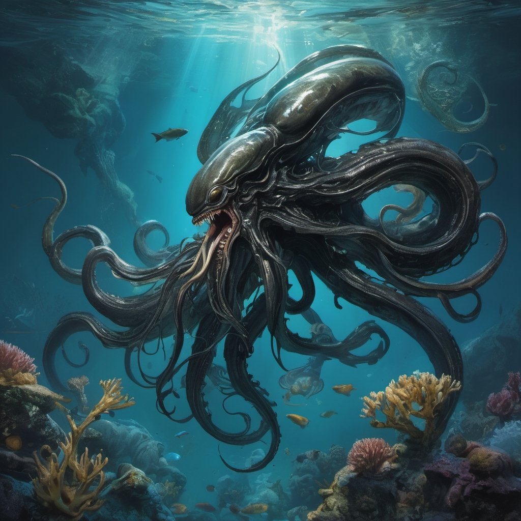 an alien xenomorph launches itself at a nearby giant octopus,  black shiny carapace,  tentacles by Ravishastri on Tensor.Art