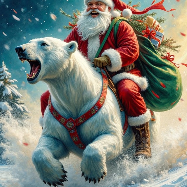 A whirlwind of speed and excitement,  santa sits astride a polar bear as it gallops across the screen,  he laughs with gle...