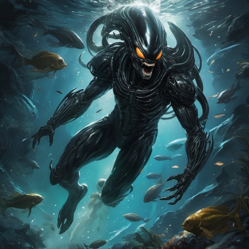 an alien xenomorph launches itself at a nearby victim,  black shiny carapace,  drool by Ravishastri on Tensor.Art