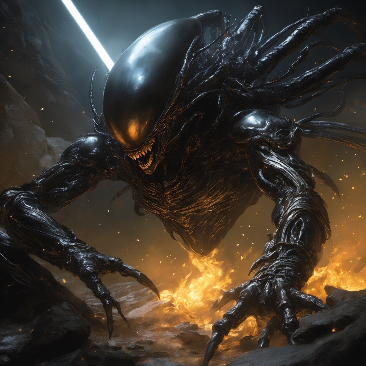 an alien sspider xenomorph launches itself at a nearby victim,  black shiny carapace,  see through to the skull by Ravisha...