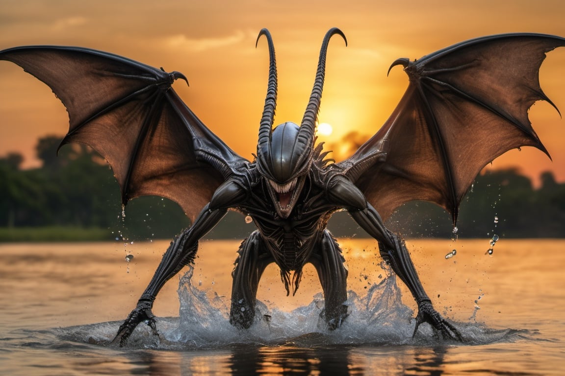 an alien xenomorph rising from the water,  its semitransparent bat like wings flapping quickly to keep it aloft,  water dr...