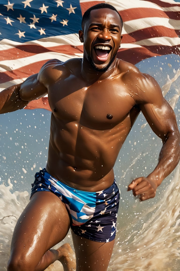 a mid section body shot photograph of a happy African American man, wearing a Speedos, beach seawater running down his body, splashing seawater, very large American flag background, fluid motion, dynamic movement, cinematic lighting, palette knife, brown nipples, digital artwork by Beksinski,action shot,sweetscape, art by Klimt, airbrush art, ,photo r3al,ice and water,close up,Movie Poster