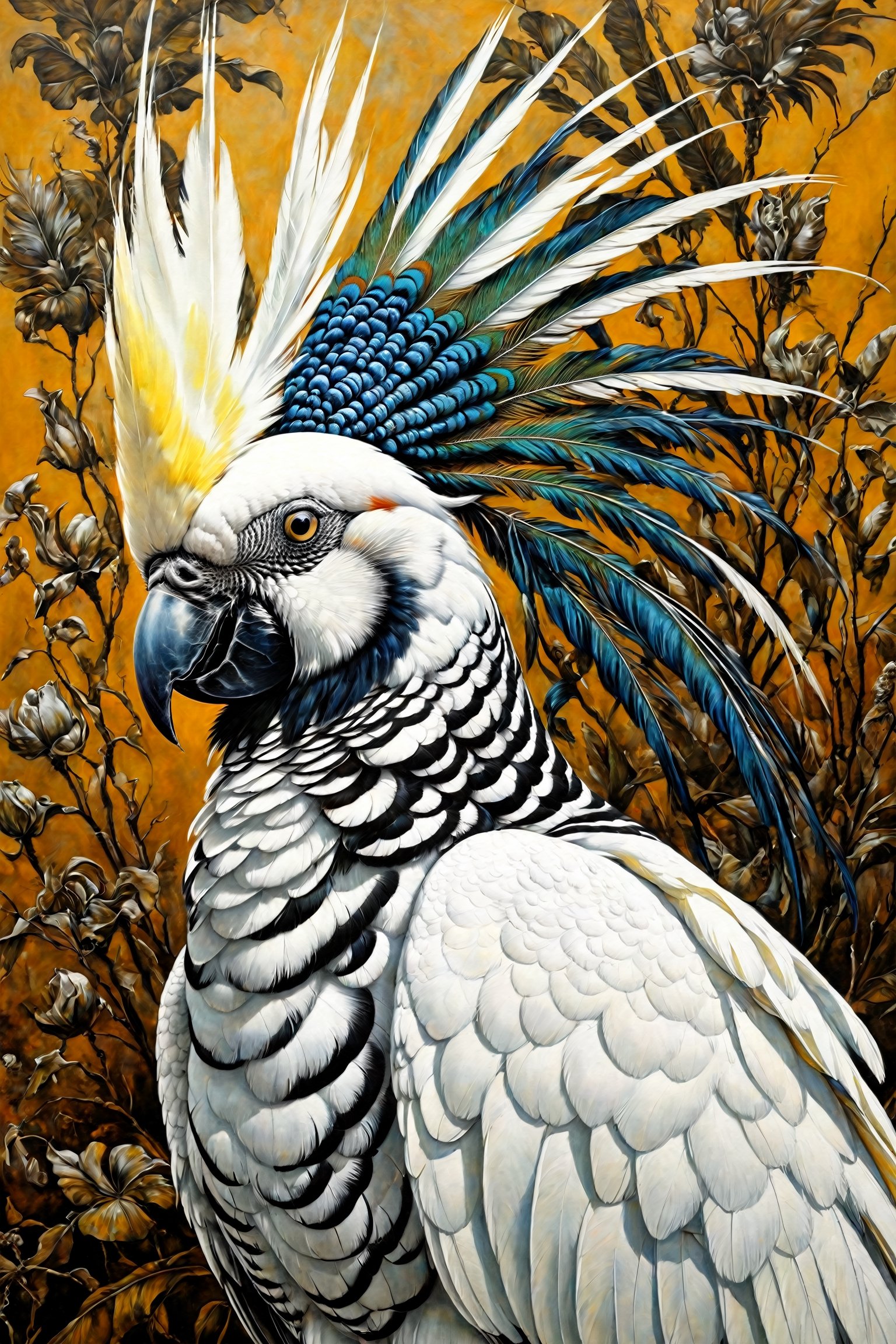 peacocks, zebra stripes,white cockatoo, baroque style, art by sergio toppi, art design by sergio toppi, military poster style, ,more detail XL,close up,Oil painting, 8k, highly detailed, in the style of esao andrews, a clse up oil portrait of a beautiful group of birds, 