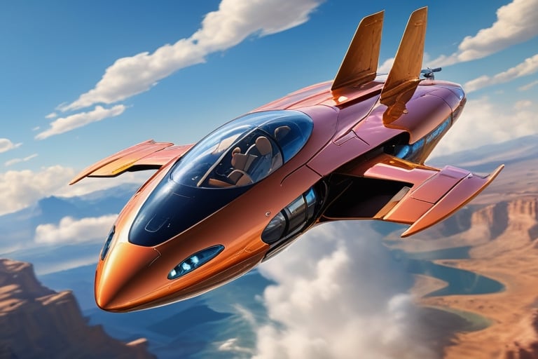 Create a visionary flying car that pushes the boundaries of design and technology. The machine is soaring above stunning l...