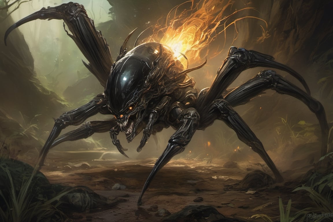 an alien sspider xenomorph launches itself at a nearby victim,  black shiny carapace,  see through to the skull by Ravisha...