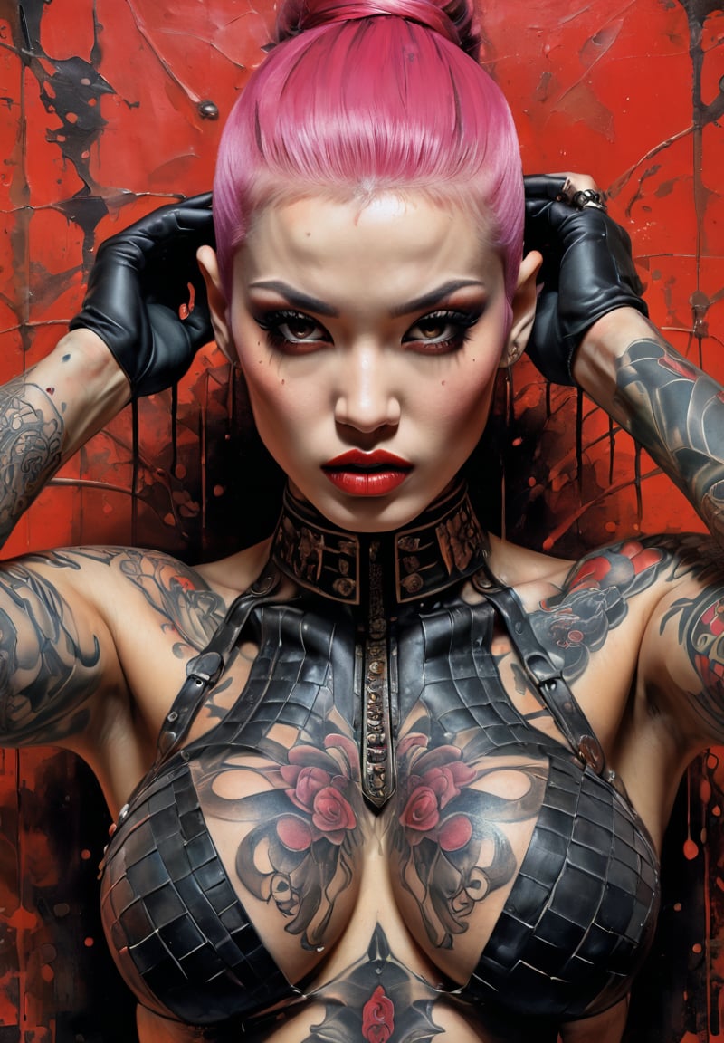 hell poster, manga style, an oil painting, a masterpiece, art by TavitaNiko, art by Vallejo, art by Klimt , art by giger, tattoo by ed hardy, shaved hair, neck tattoos andy warhol, heavily muscled, biceps,glam gore, horror, demonic, hell visions, demonic women, military poster style, asian art, chequer board,