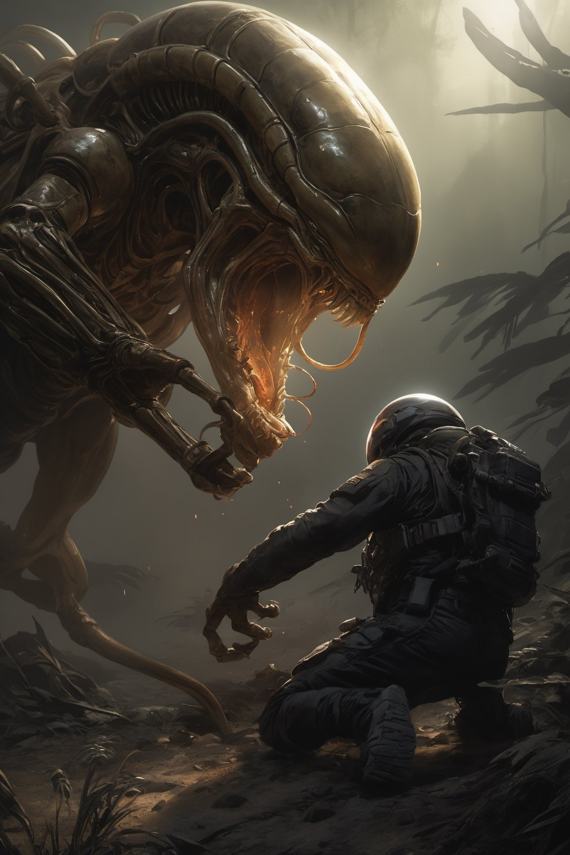 an alien xenomorph Facehugger launches itself at a nearby victim,  black shiny carapace,  with see through to skull by Rav...