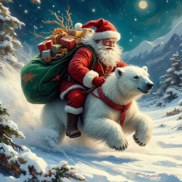 A whirlwind of speed and excitement,  santa sits astride a polar bear as it gallops across the screen,  he laughs with gle...