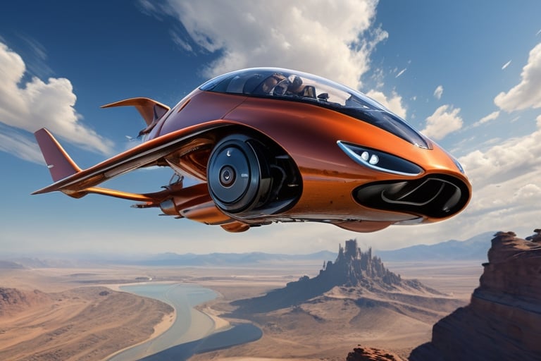 Create a visionary flying car that pushes the boundaries of design and technology. The machine is soaring above stunning l...