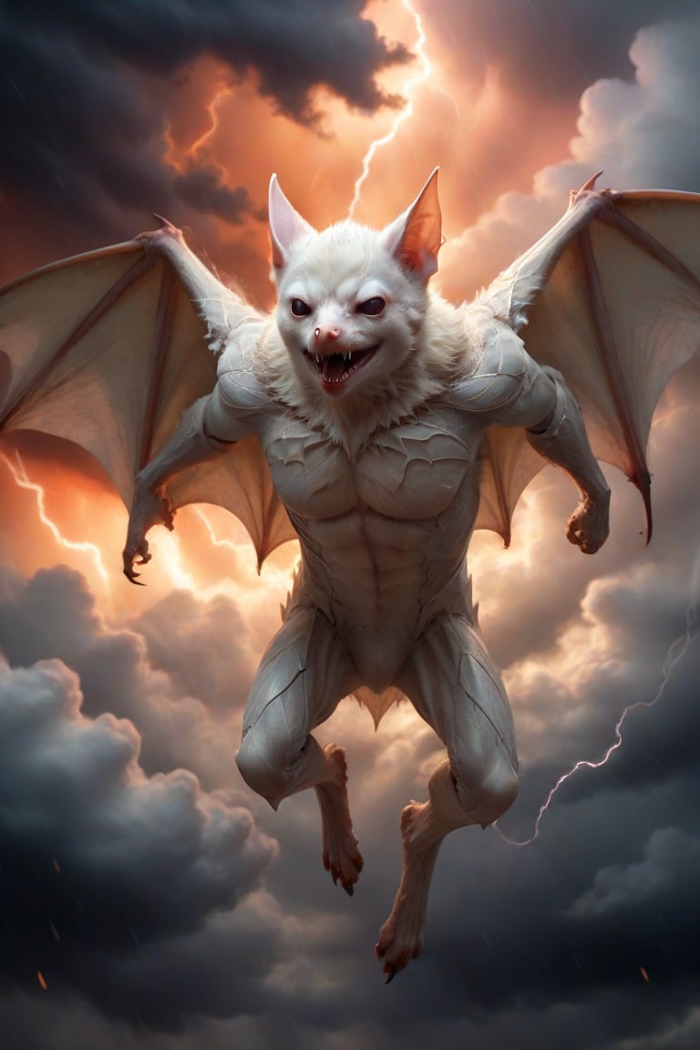 In a majestic, HD, 8K composition, a clse up mid shot, a stunning albino bat assumes a dramatic pose. Framed against fiery clouds, lightening, and a turbulent sky,the creature's gaze meets the viewer's, its eyes gleaming with intensity. Wings outstretched, it appears to scan the horizon for wind currents. The illustration exudes a sense of heroic fantasy, reminiscent of Dungeons and Dragons, as if this majestic bat is about to embark on an epic adventure, wispy storm clouds, lightening, foggy turbulent sky,action shot