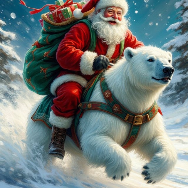 A whirlwind of speed and excitement,  santa sits astride a polar bear as it gallops across the screen,  he laughs with gle...