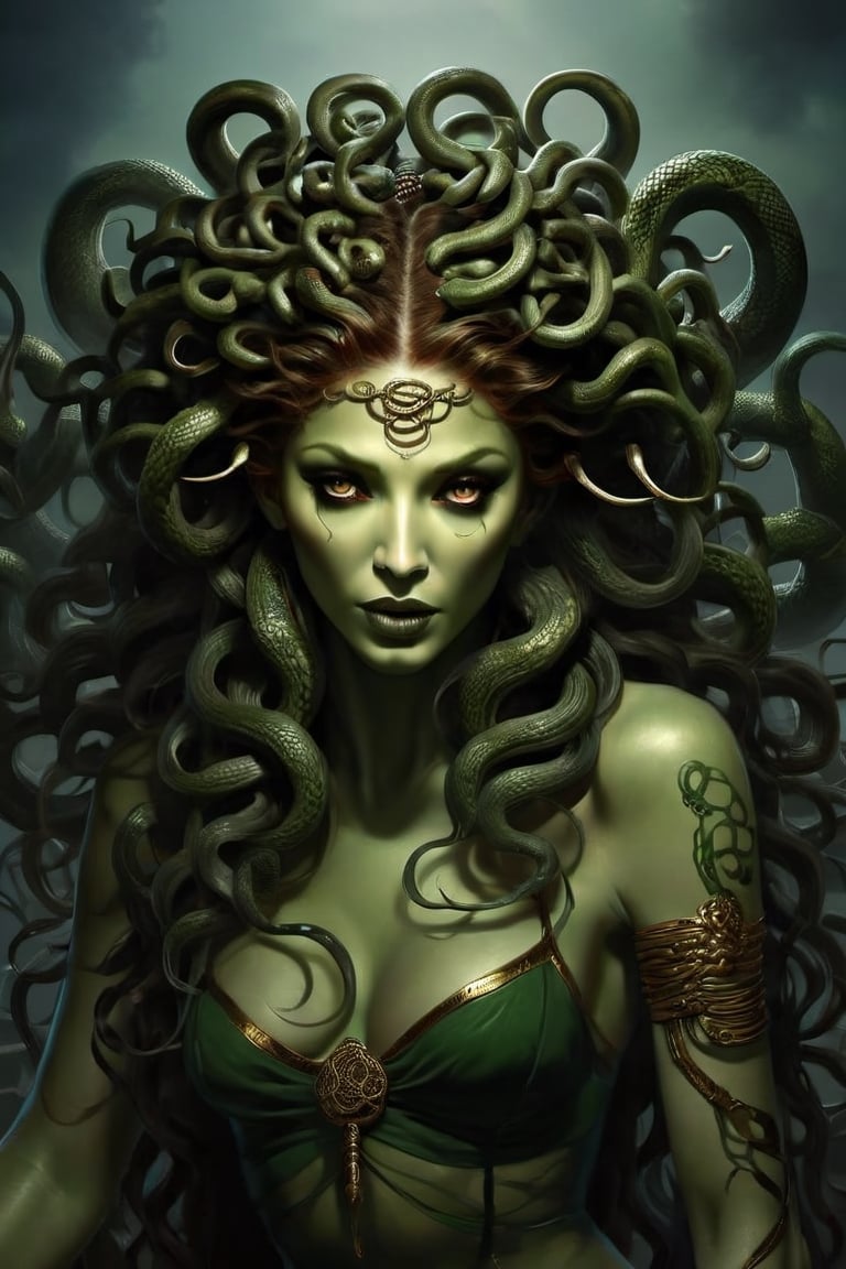 Create a captivating and realistic digital artwork of Medusa, the mythological Gorgon, with her iconic snake hair. Craft a scene that portrays her in all her terrifying beauty, and bring out the intricate details of her serpentine locks. show the terror of snakes as hair by using your artistic talent to capture the essence of this mythical character, making her come to life on the canvas. Let your imagination and creativity run wild in depicting Medusa and her mesmerizing, venomous hair in a way that evokes both fear and fascination,