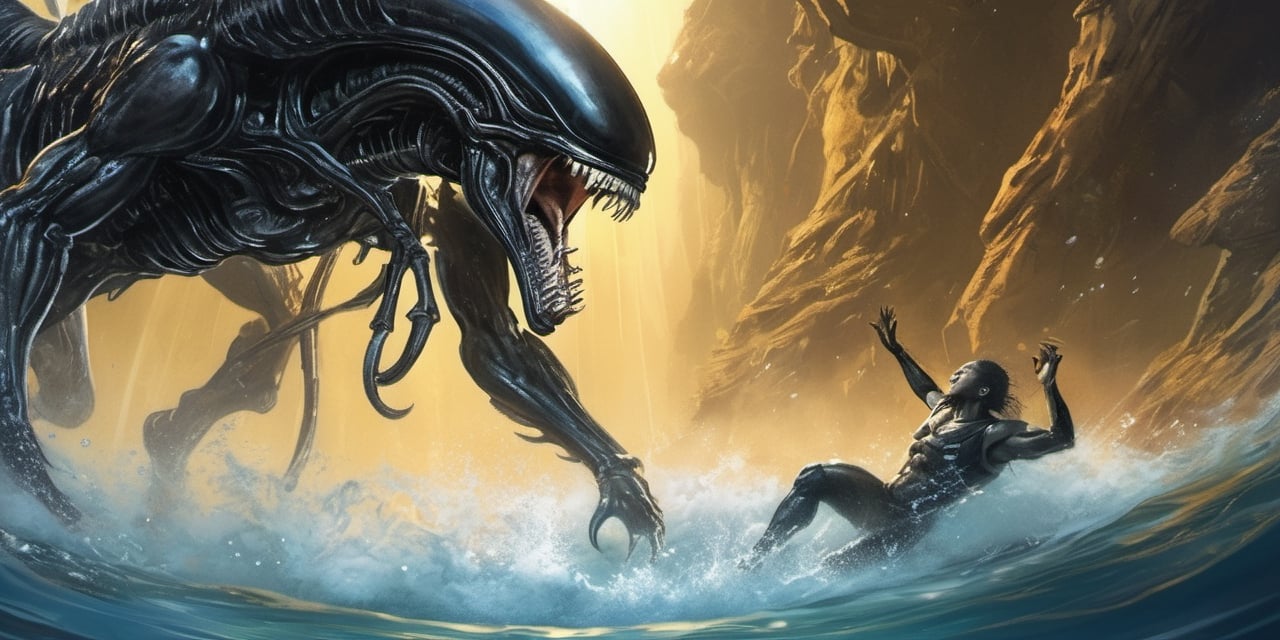 an alien xenomorph launches itself at a nearby victim,  black shiny carapace,  drool by Ravishastri on Tensor.Art