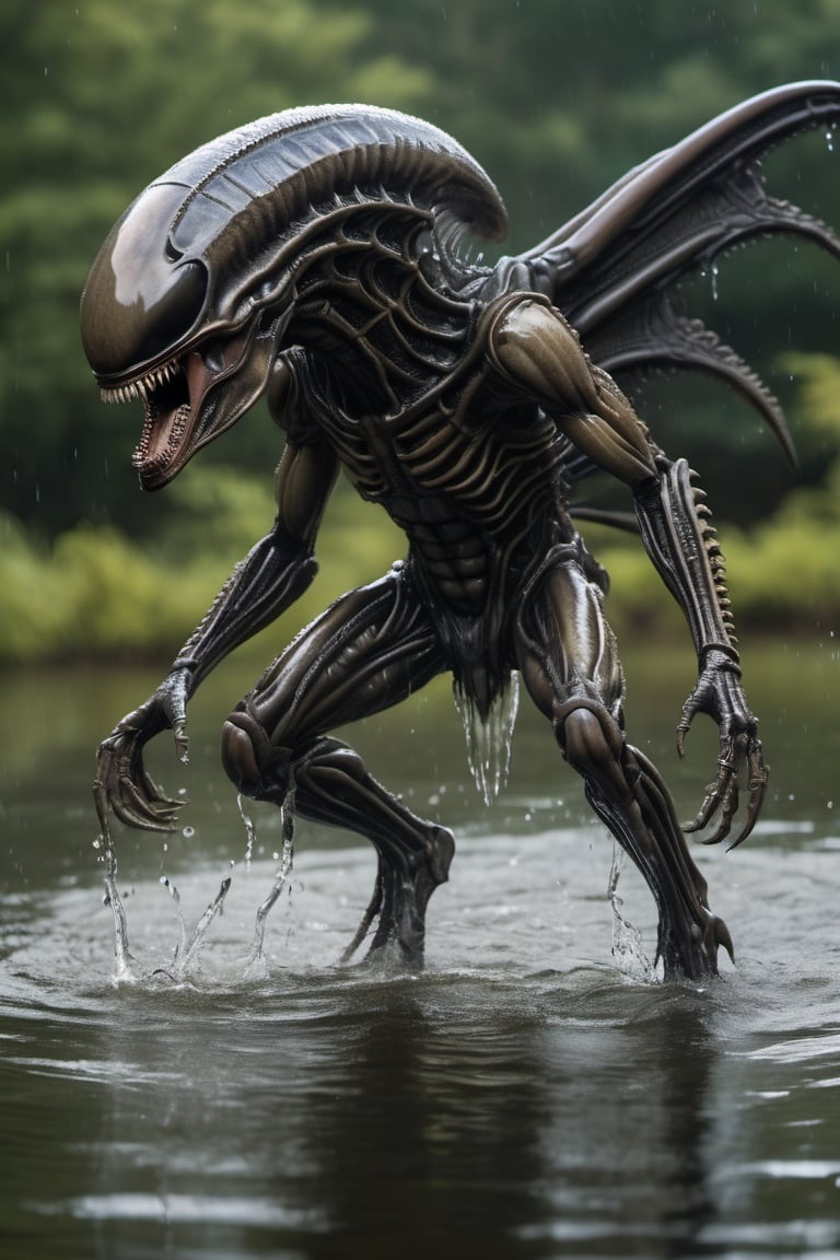 an alien xenomorph rising from the water,  its alien like wings flapping to keep it aloft,  water drops by Ravishastri on...