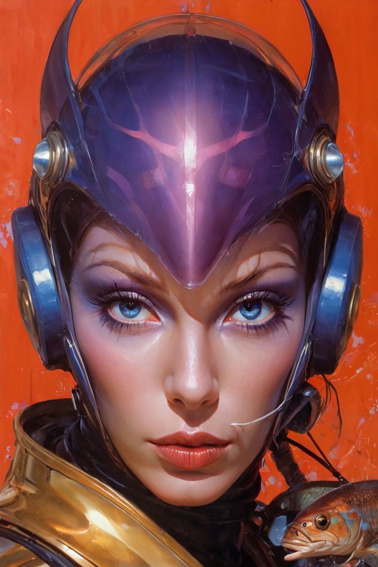 art by Masamune Shirow, art by J.C. Leyendecker, art by simon bisley, art by ralph steadman, a masterpiece, stunning beauty, hyper-realistic oil painting, star wars alien creatures, a portrait picture, incredible detail, fantasy portrait, alien skin, breathing apparatus, fish like skin, eel like noses, blue graffiti background,