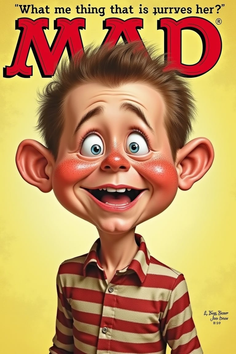 Mad magazine cover featuring alfred e neuman, a freckled face, typical worried pose, text says "What me Worry", smile with gap in teeth, doing some weird thing that is plain  stupid