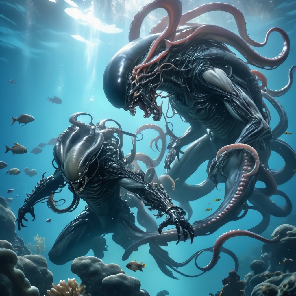 an alien xenomorph launches itself at a nearby victim,  a giant octopus,  motion blur by Ravishastri on Tensor.Art
